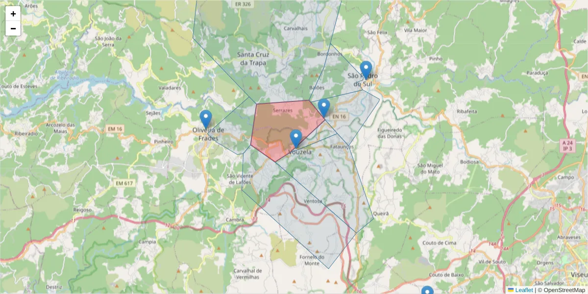 Mapa detalhado do código postal 3670-270 com limites, códigos postais vizinhos e agências dos correios