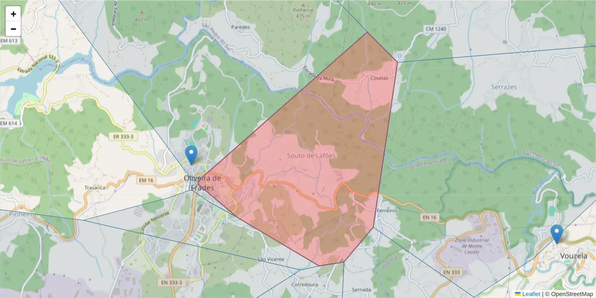 Mapa detalhado do código postal 3680 com limites, códigos postais vizinhos e agências dos correios