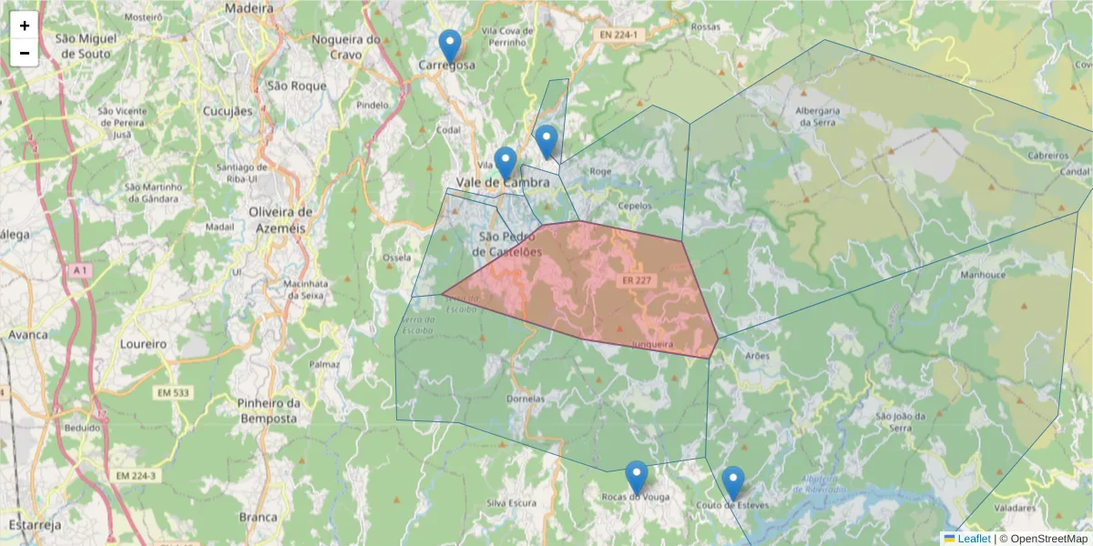 Mapa detalhado do código postal 3730-047 com limites, códigos postais vizinhos e agências dos correios