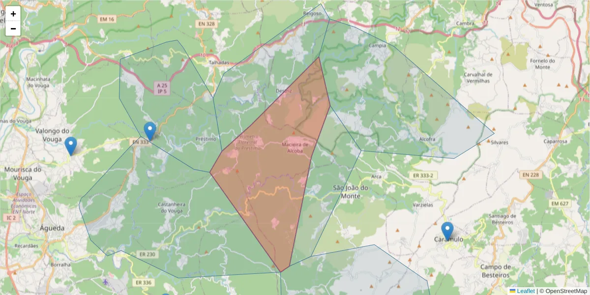 Mapa detalhado do código postal 3750-561 com limites, códigos postais vizinhos e agências dos correios