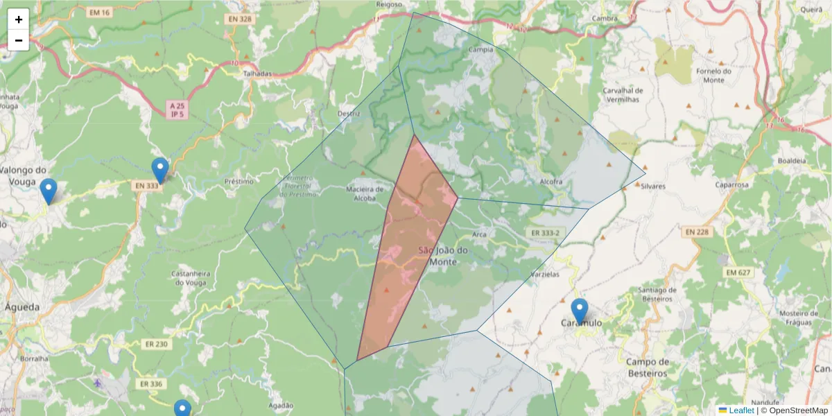 Mapa detalhado do código postal 3750-562 com limites, códigos postais vizinhos e agências dos correios