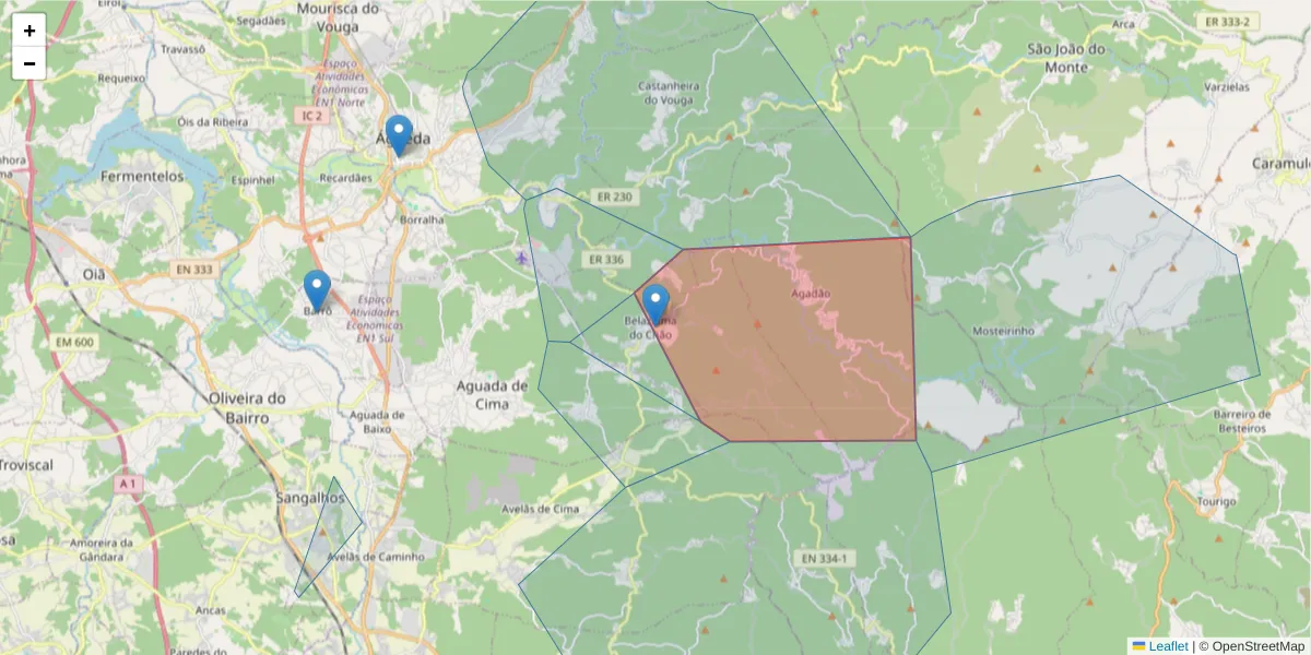 Mapa detalhado do código postal 3750-992 com limites, códigos postais vizinhos e agências dos correios