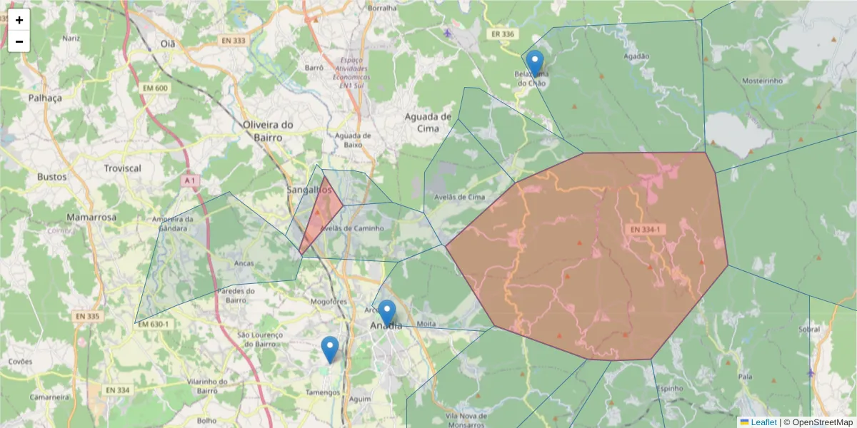 Mapa detalhado do código postal 3780 com limites, códigos postais vizinhos e agências dos correios