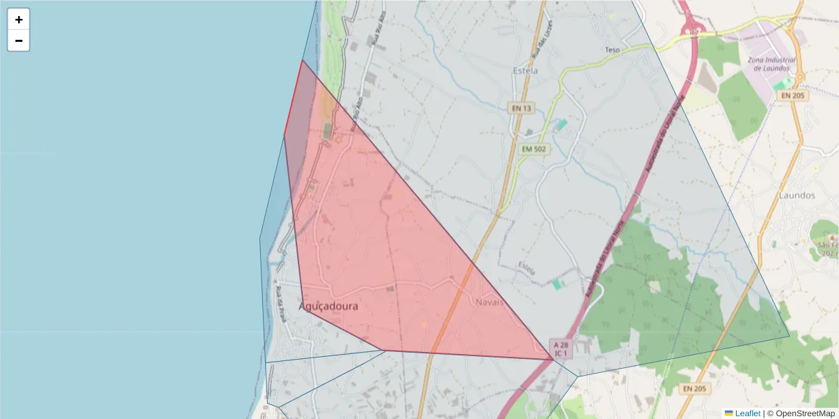 Mapa detalhado do código postal 4495-025 com limites, códigos postais vizinhos e agências dos correios