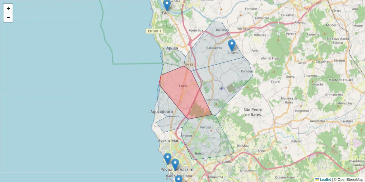 Mapa detalhado do código postal 4570-209 com limites, códigos postais vizinhos e agências dos correios