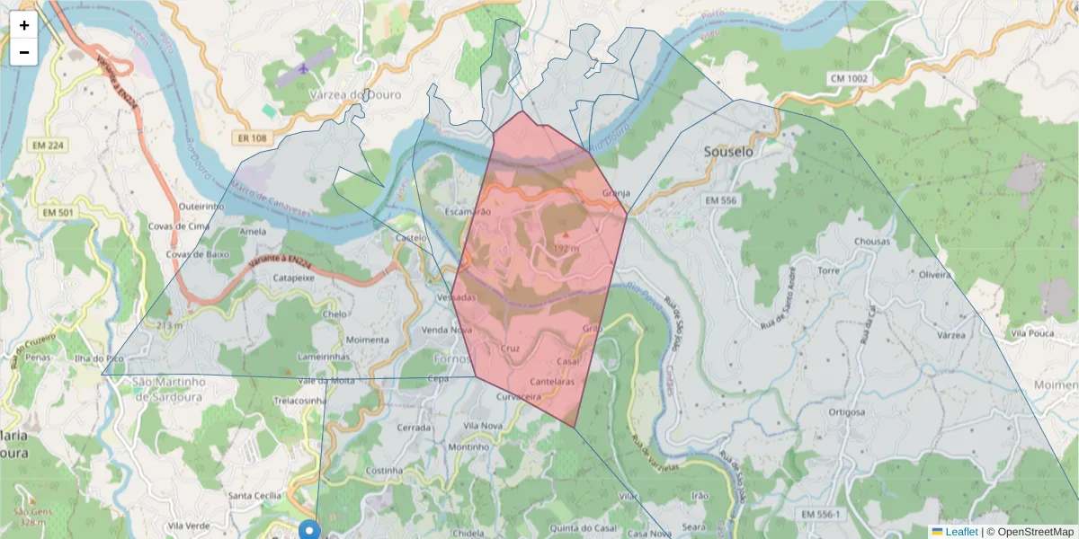Mapa detalhado do código postal 4575-042 com limites, códigos postais vizinhos e agências dos correios