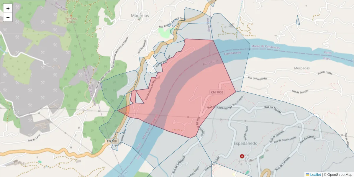 Mapa detalhado do código postal 4625-141 com limites, códigos postais vizinhos e agências dos correios