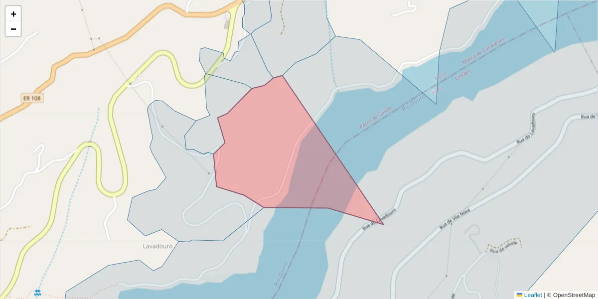 Mapa detalhado do código postal 4625-227 com limites, códigos postais vizinhos e agências dos correios