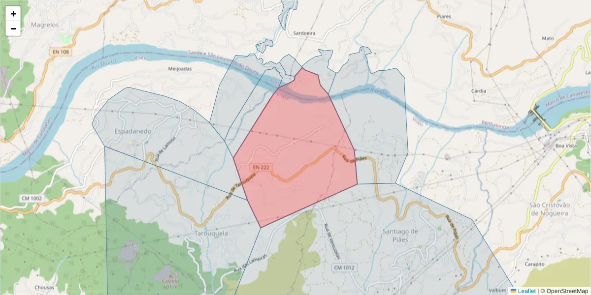 Mapa detalhado do código postal 4625-323 com limites, códigos postais vizinhos e agências dos correios