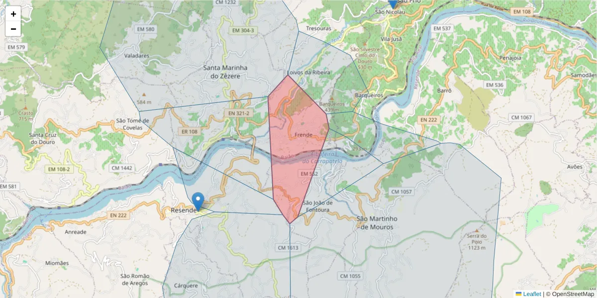 Mapa detalhado do código postal 4640-220 com limites, códigos postais vizinhos e agências dos correios