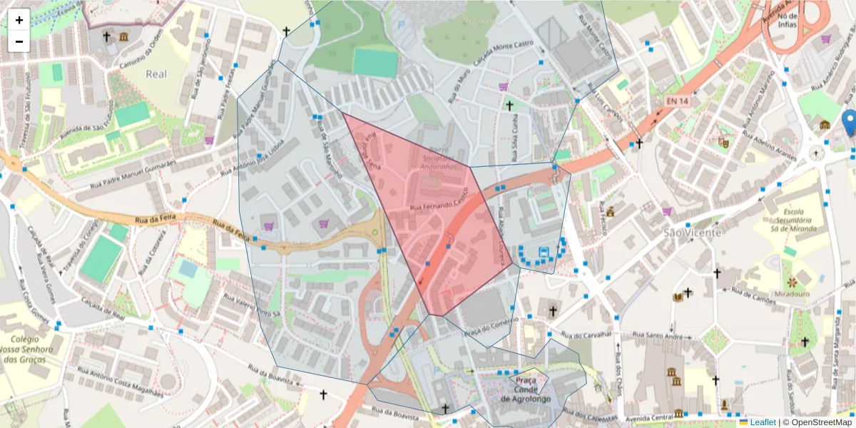 Mapa detalhado do código postal 4700-392 com limites, códigos postais vizinhos e agências dos correios