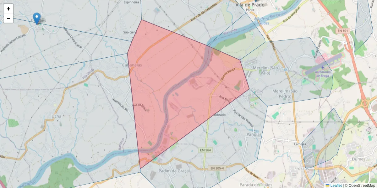 Mapa detalhado do código postal 4700-565 com limites, códigos postais vizinhos e agências dos correios
