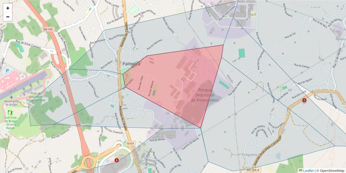 Mapa detalhado do código postal 4700-705 com limites, códigos postais vizinhos e agências dos correios