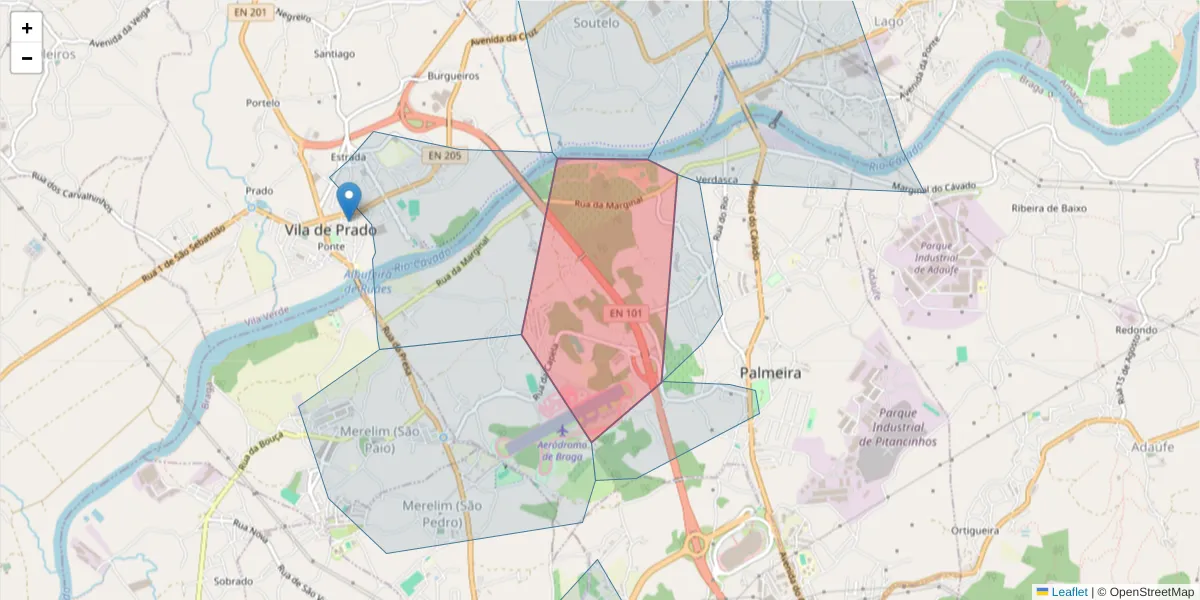 Mapa detalhado do código postal 4700-734 com limites, códigos postais vizinhos e agências dos correios