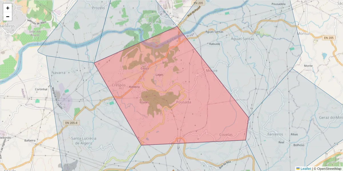 Mapa detalhado do código postal 4710-730 com limites, códigos postais vizinhos e agências dos correios