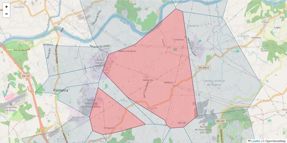Mapa detalhado do código postal 4710-820 com limites, códigos postais vizinhos e agências dos correios