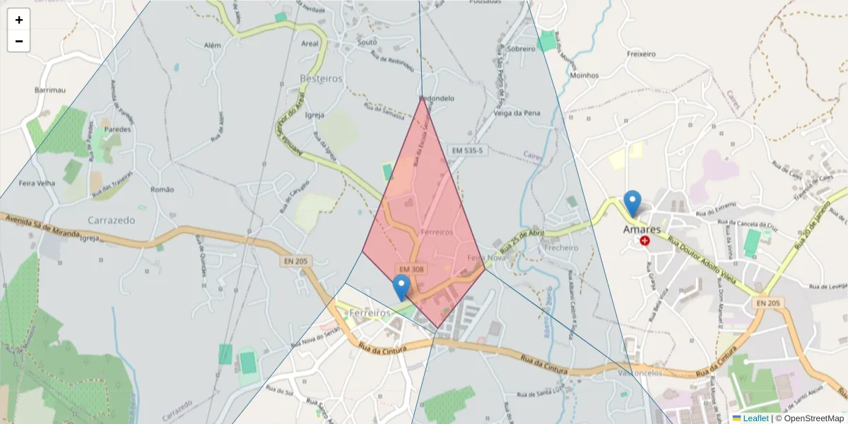Mapa detalhado do código postal 4720-011 com limites, códigos postais vizinhos e agências dos correios