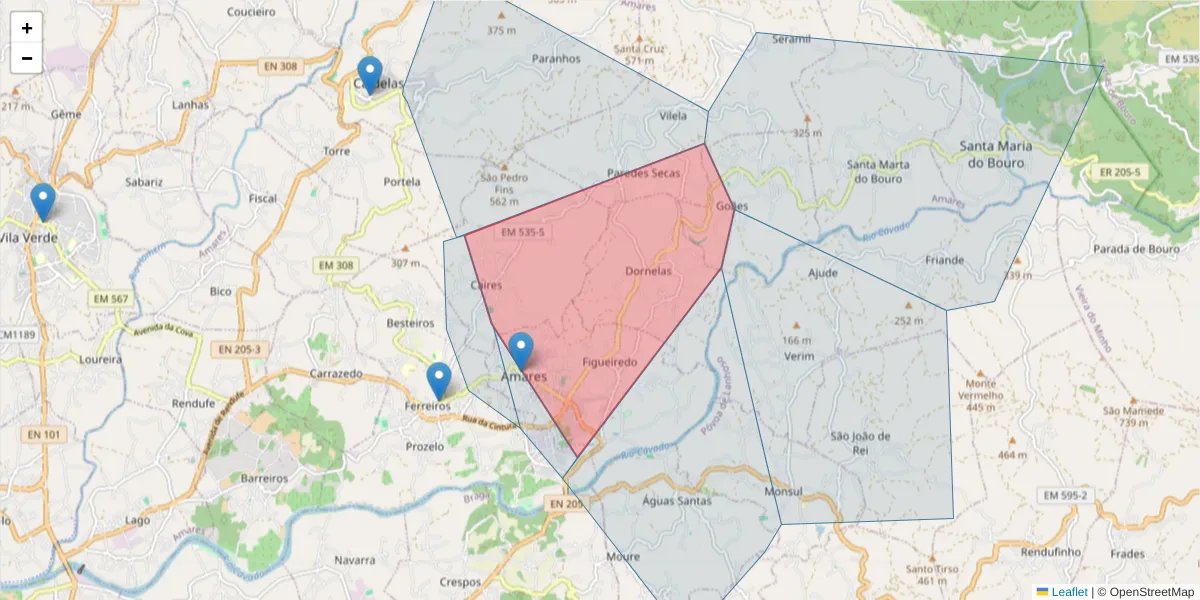 Mapa detalhado do código postal 4720-013 com limites, códigos postais vizinhos e agências dos correios
