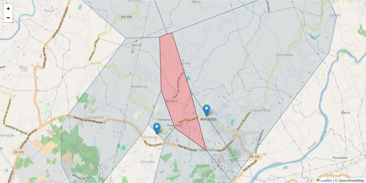 Mapa detalhado do código postal 4720-057 com limites, códigos postais vizinhos e agências dos correios