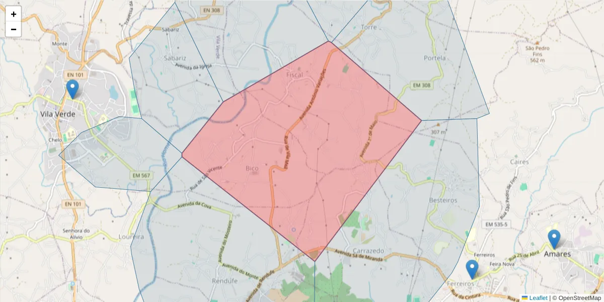 Mapa detalhado do código postal 4720-170 com limites, códigos postais vizinhos e agências dos correios