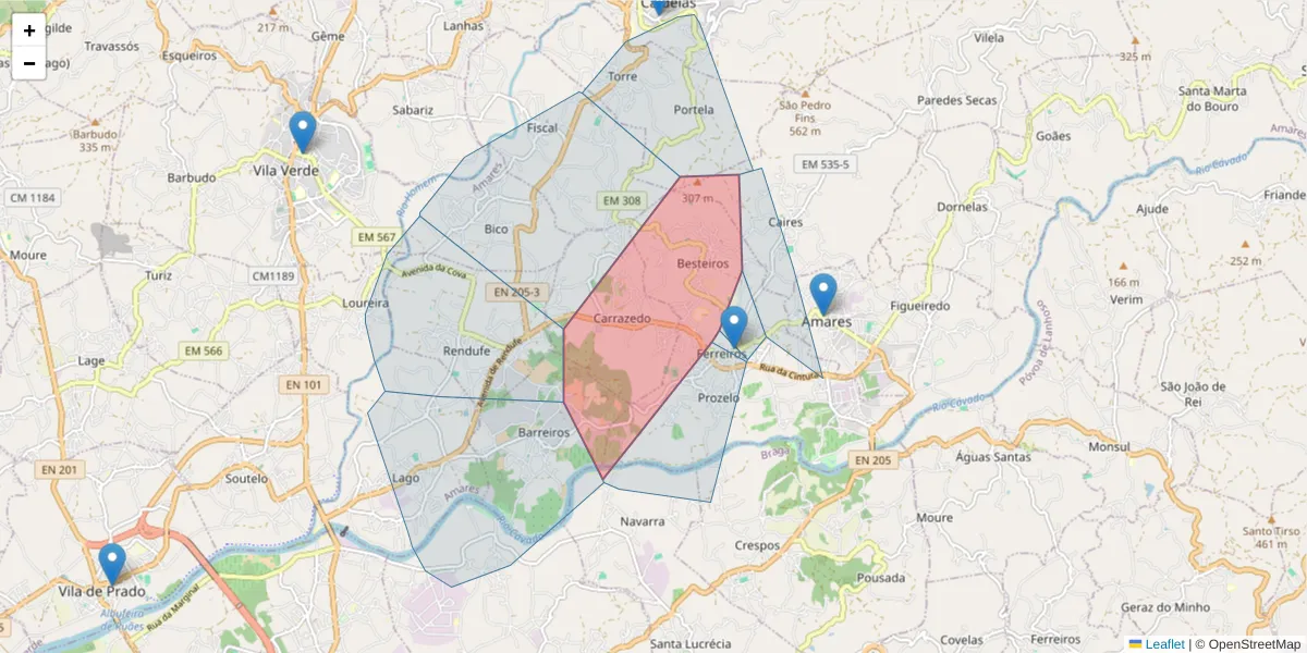 Mapa detalhado do código postal 4720-335 com limites, códigos postais vizinhos e agências dos correios