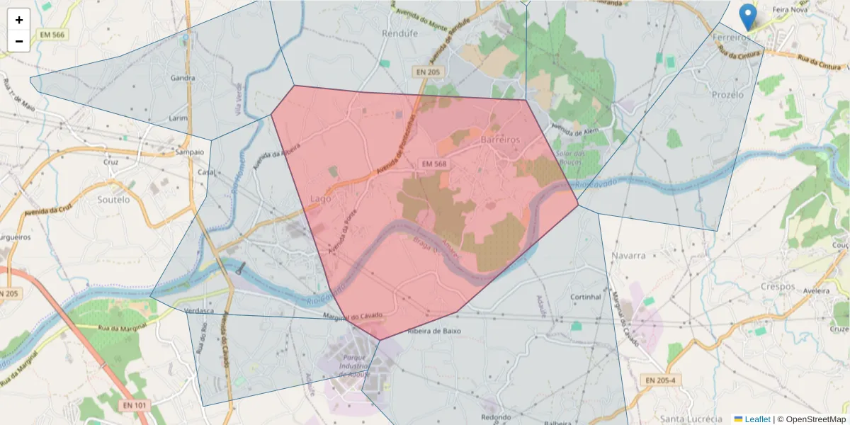 Mapa detalhado do código postal 4720-546 com limites, códigos postais vizinhos e agências dos correios