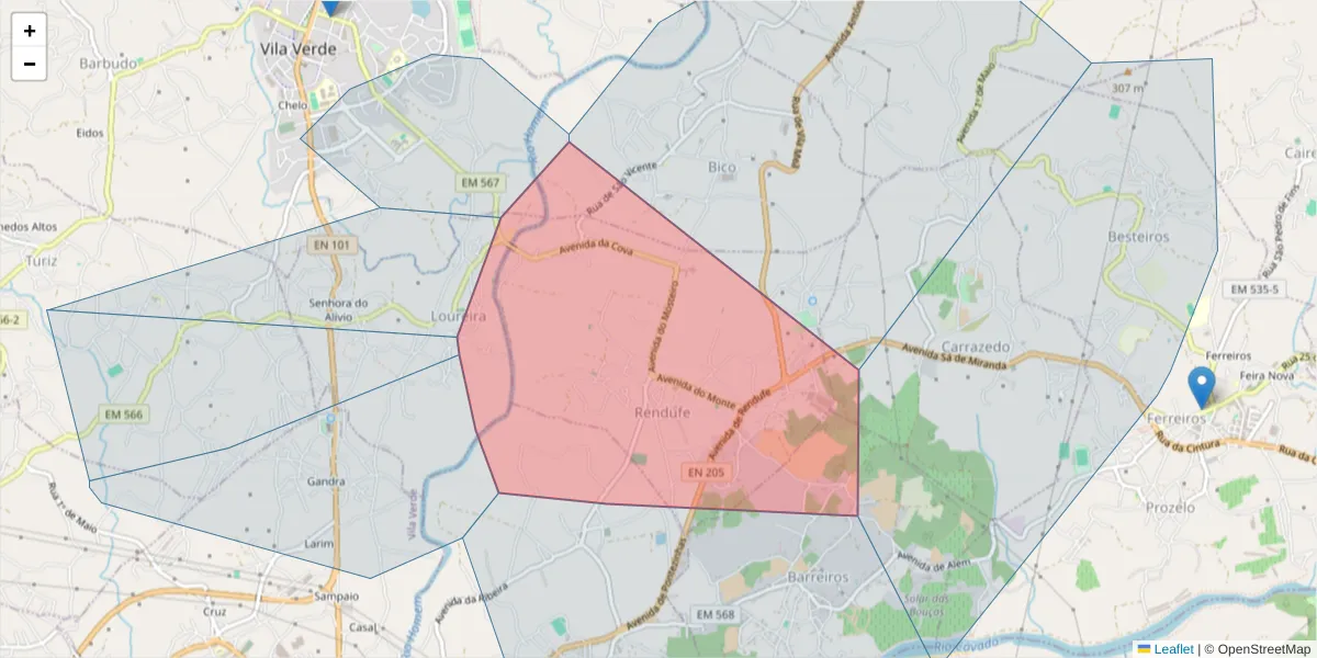 Mapa detalhado do código postal 4720-628 com limites, códigos postais vizinhos e agências dos correios