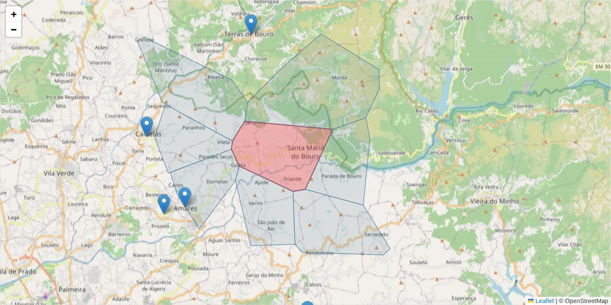 Mapa detalhado do código postal 4720-633 com limites, códigos postais vizinhos e agências dos correios