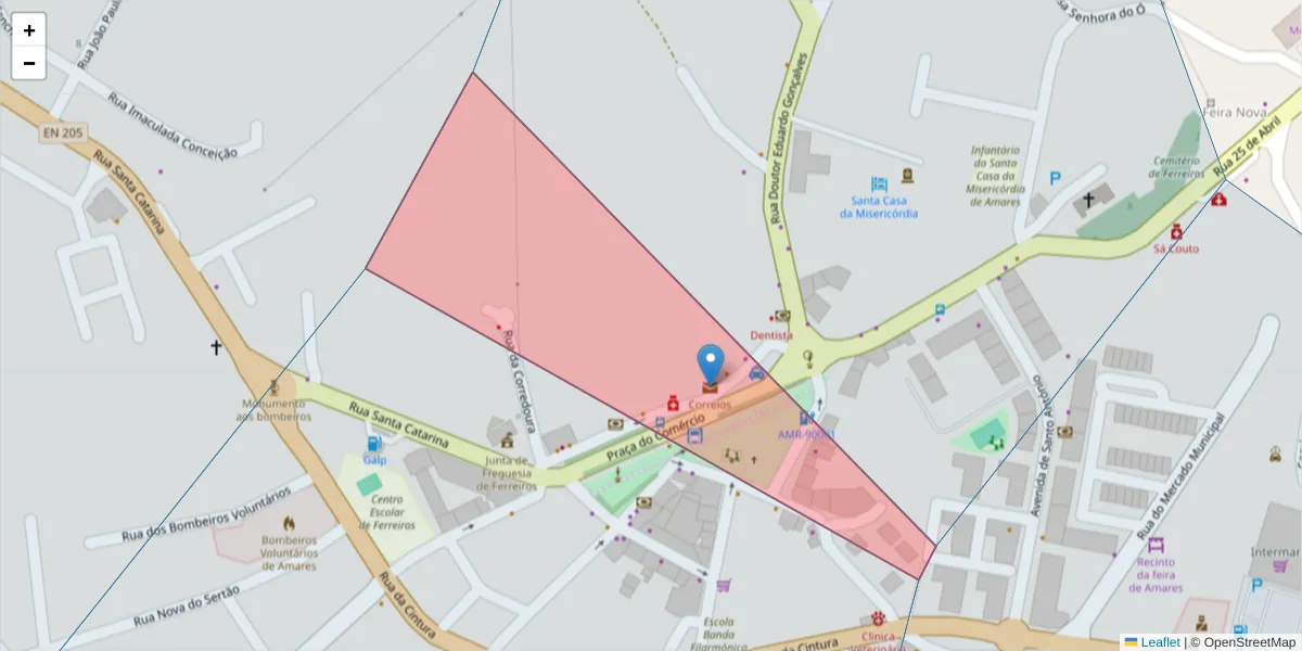 Mapa detalhado do código postal 4720-997 com limites, códigos postais vizinhos e agências dos correios