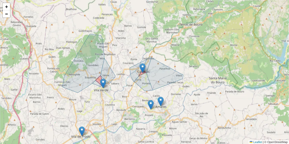 Mapa detalhado do código postal 4720 com limites, códigos postais vizinhos e agências dos correios