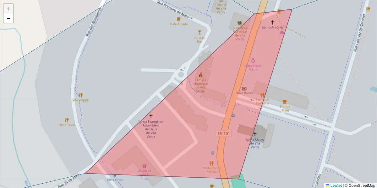 Mapa detalhado do código postal 4730-058 com limites, códigos postais vizinhos e agências dos correios