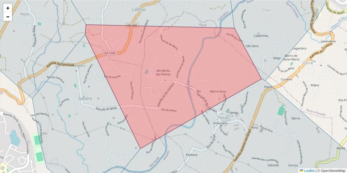 Mapa detalhado do código postal 4730-261 com limites, códigos postais vizinhos e agências dos correios