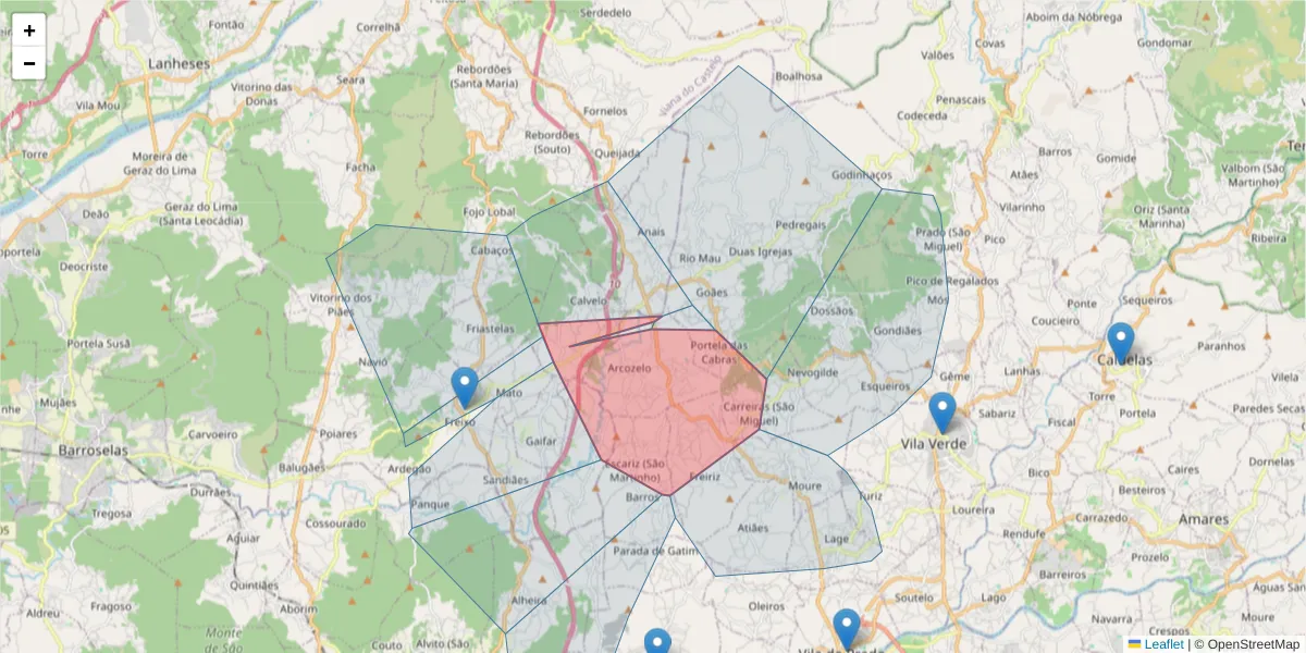 Mapa detalhado do código postal 4730-283 com limites, códigos postais vizinhos e agências dos correios