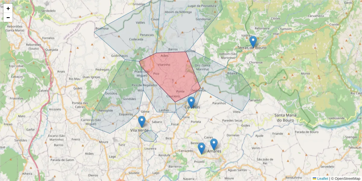 Mapa detalhado do código postal 4730-400 com limites, códigos postais vizinhos e agências dos correios
