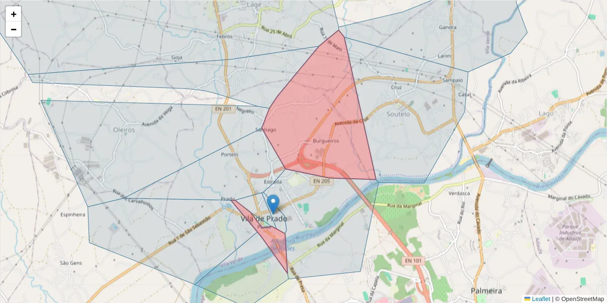 Mapa detalhado do código postal 4730-450 com limites, códigos postais vizinhos e agências dos correios