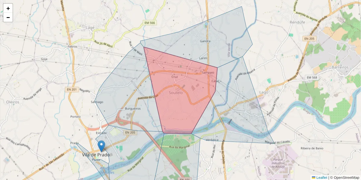 Mapa detalhado do código postal 4730-583 com limites, códigos postais vizinhos e agências dos correios