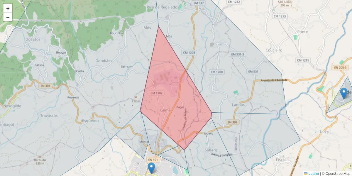 Mapa detalhado do código postal 4730 com limites, códigos postais vizinhos e agências dos correios