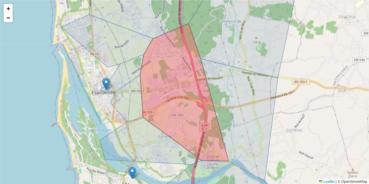 Mapa detalhado do código postal 4740-010 com limites, códigos postais vizinhos e agências dos correios