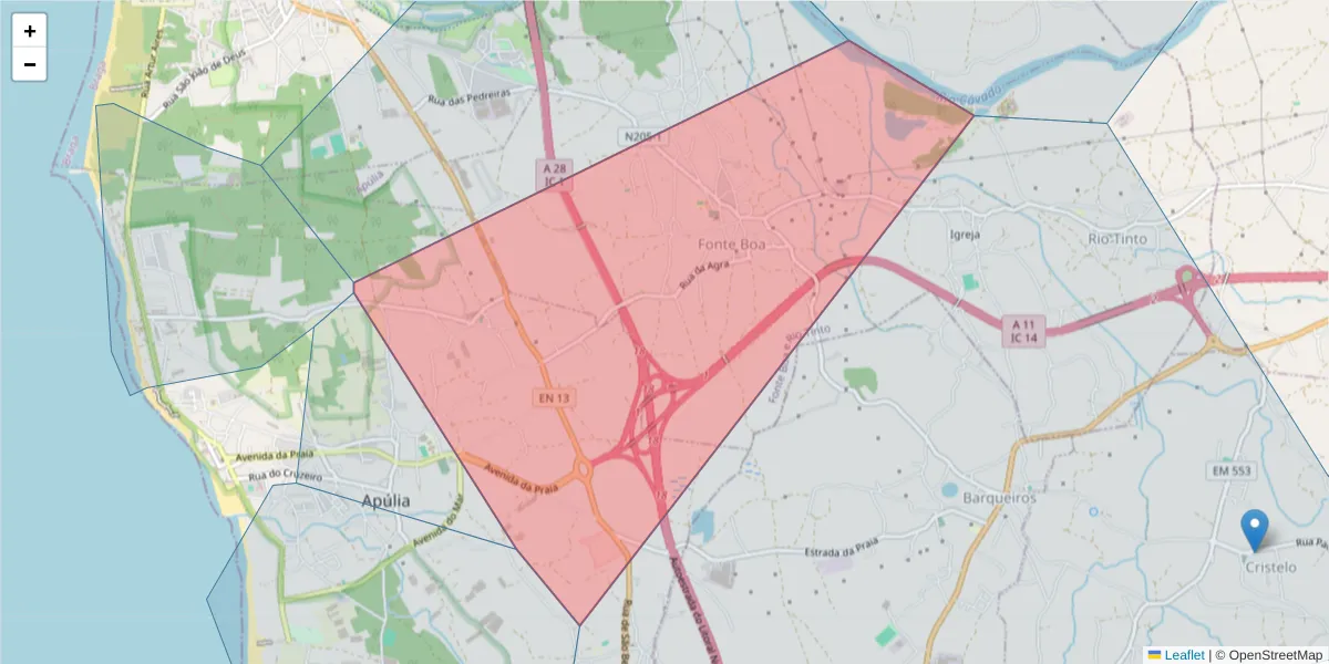 Mapa detalhado do código postal 4740-142 com limites, códigos postais vizinhos e agências dos correios
