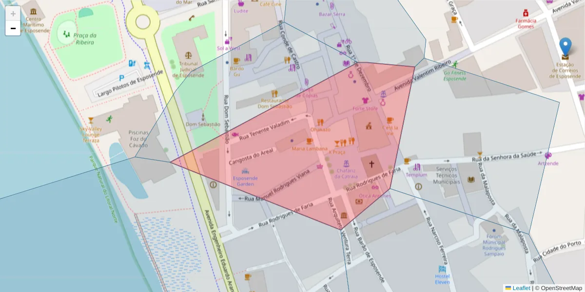 Mapa detalhado do código postal 4740-211 com limites, códigos postais vizinhos e agências dos correios