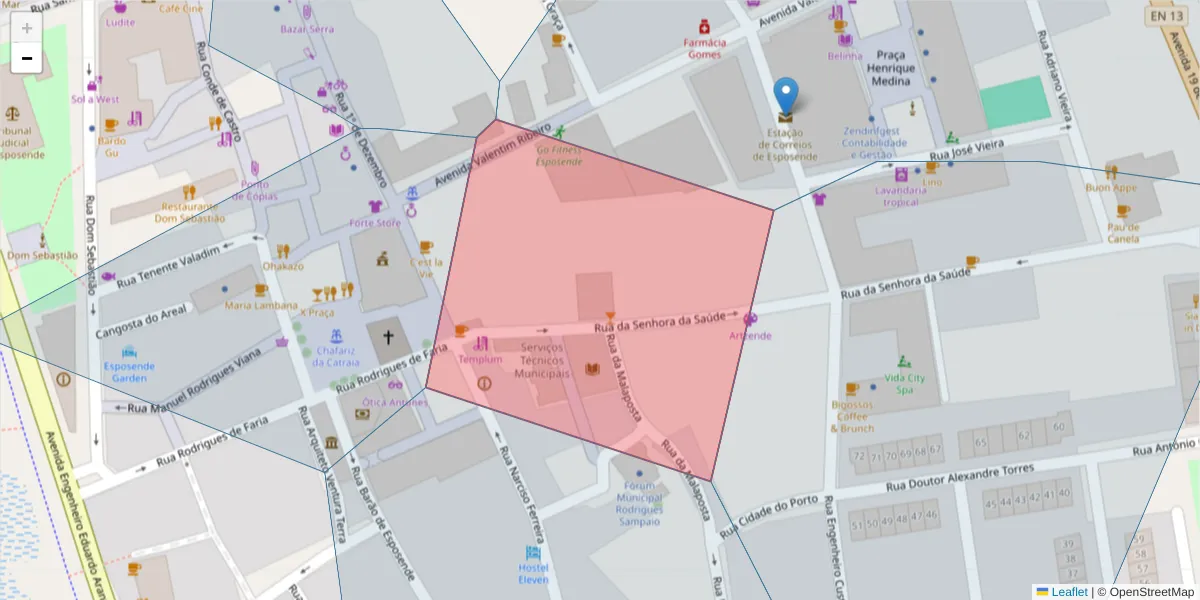 Mapa detalhado do código postal 4740-289 com limites, códigos postais vizinhos e agências dos correios