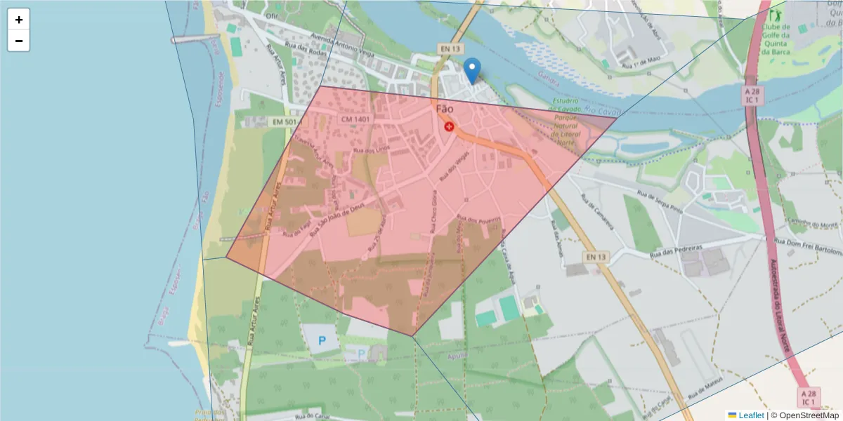 Mapa detalhado do código postal 4740-325 com limites, códigos postais vizinhos e agências dos correios