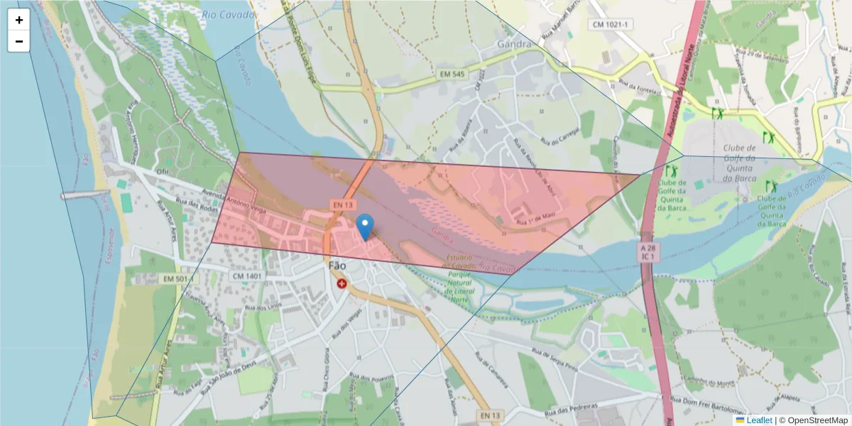 Mapa detalhado do código postal 4740-366 com limites, códigos postais vizinhos e agências dos correios