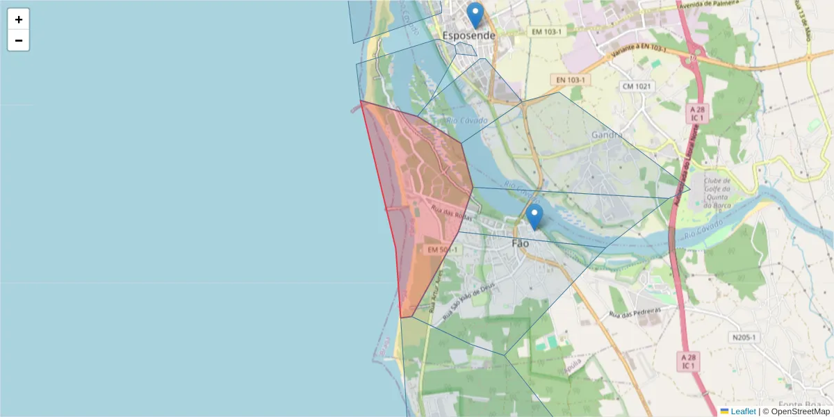 Mapa detalhado do código postal 4740-405 com limites, códigos postais vizinhos e agências dos correios