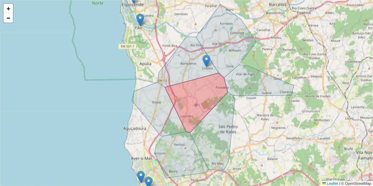 Mapa detalhado do código postal 4740-683 com limites, códigos postais vizinhos e agências dos correios