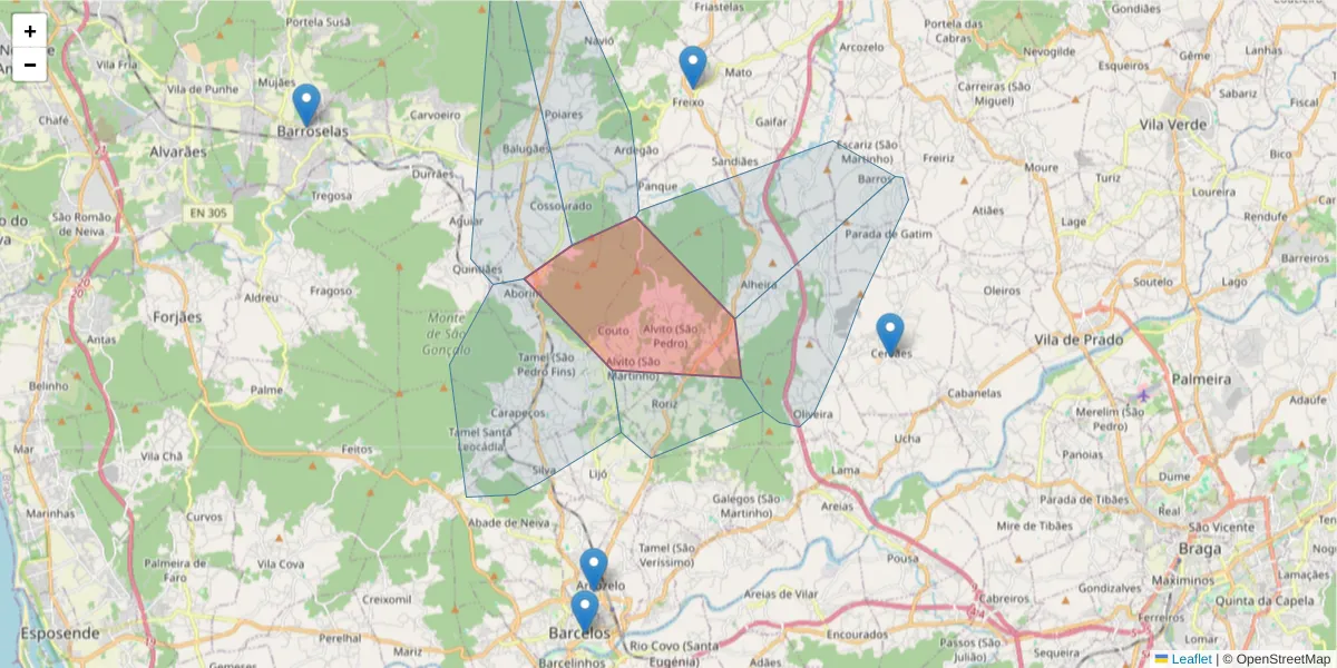 Mapa detalhado do código postal 4750-085 com limites, códigos postais vizinhos e agências dos correios