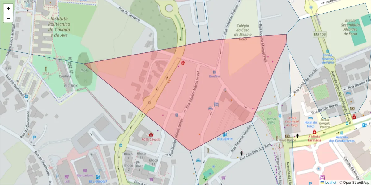 Mapa detalhado do código postal 4750-320 com limites, códigos postais vizinhos e agências dos correios