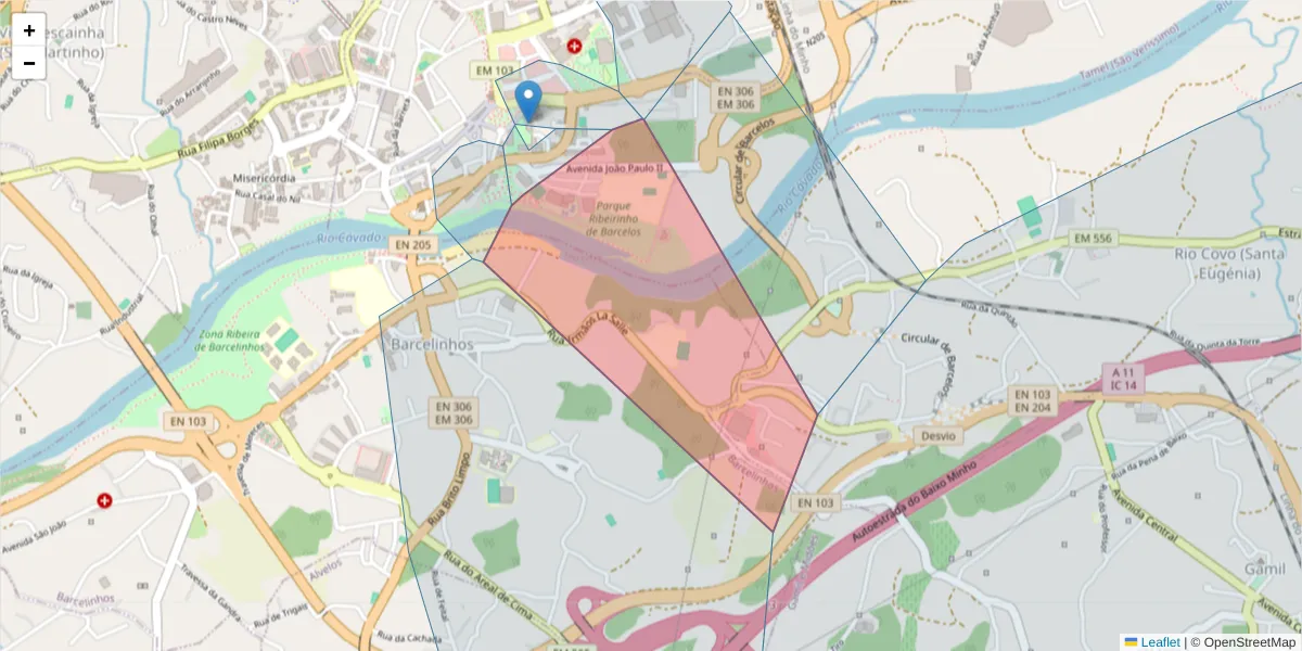 Mapa detalhado do código postal 4750-331 com limites, códigos postais vizinhos e agências dos correios