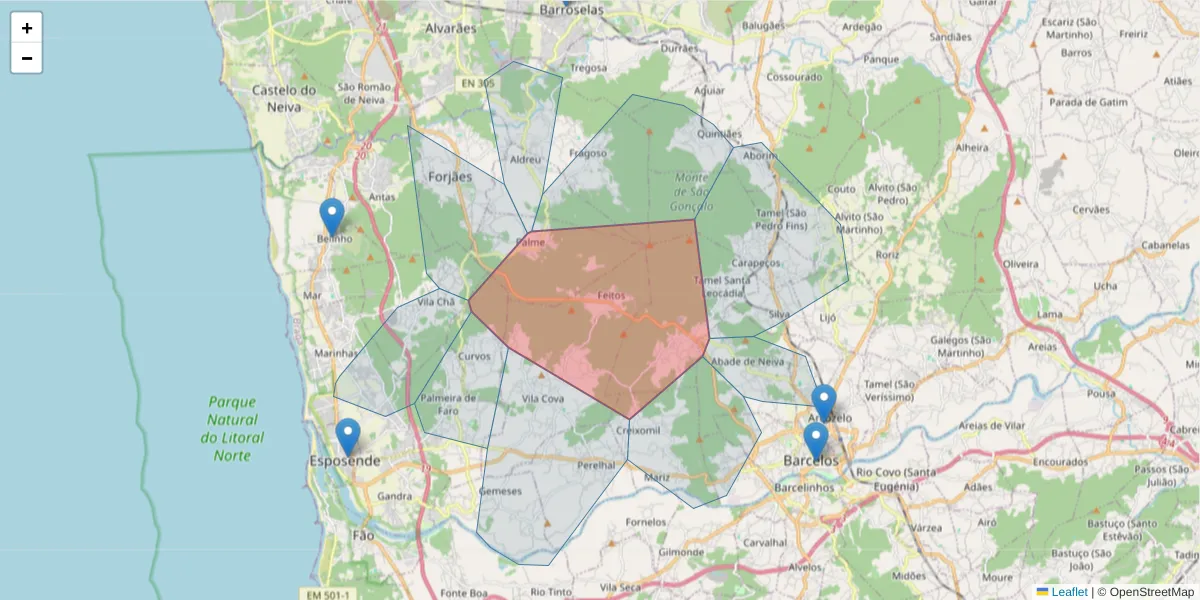 Mapa detalhado do código postal 4750-442 com limites, códigos postais vizinhos e agências dos correios