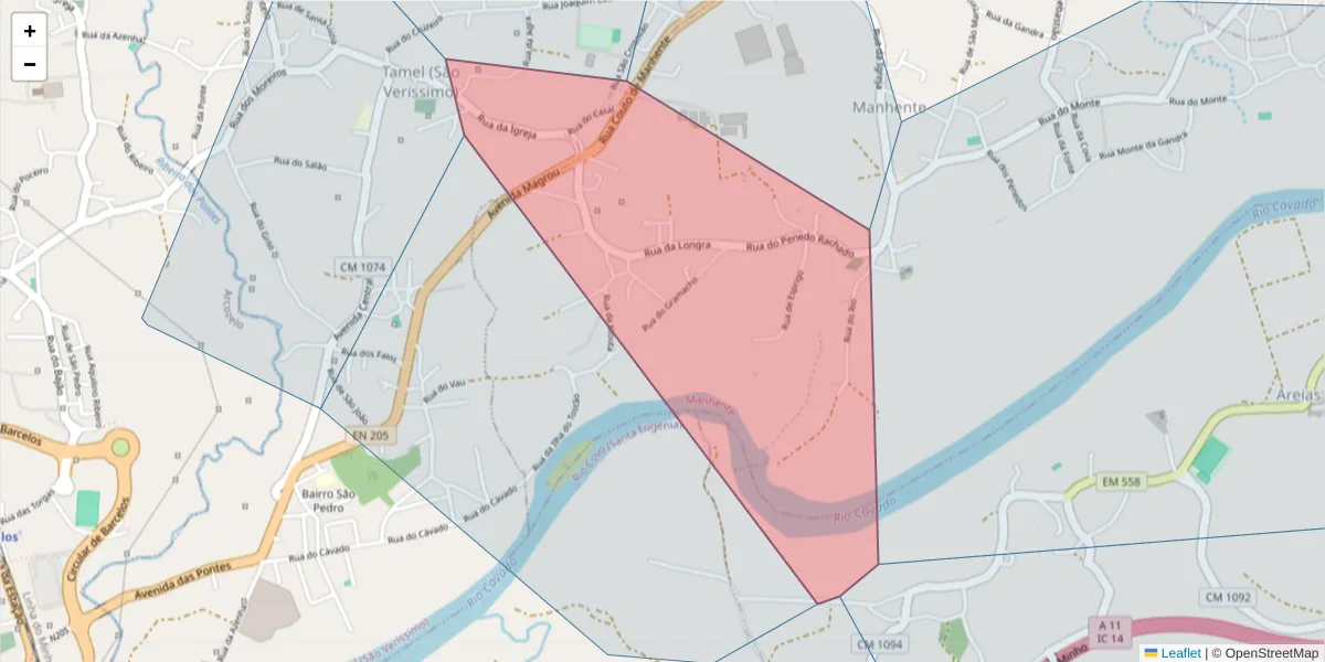 Mapa detalhado do código postal 4750-555 com limites, códigos postais vizinhos e agências dos correios